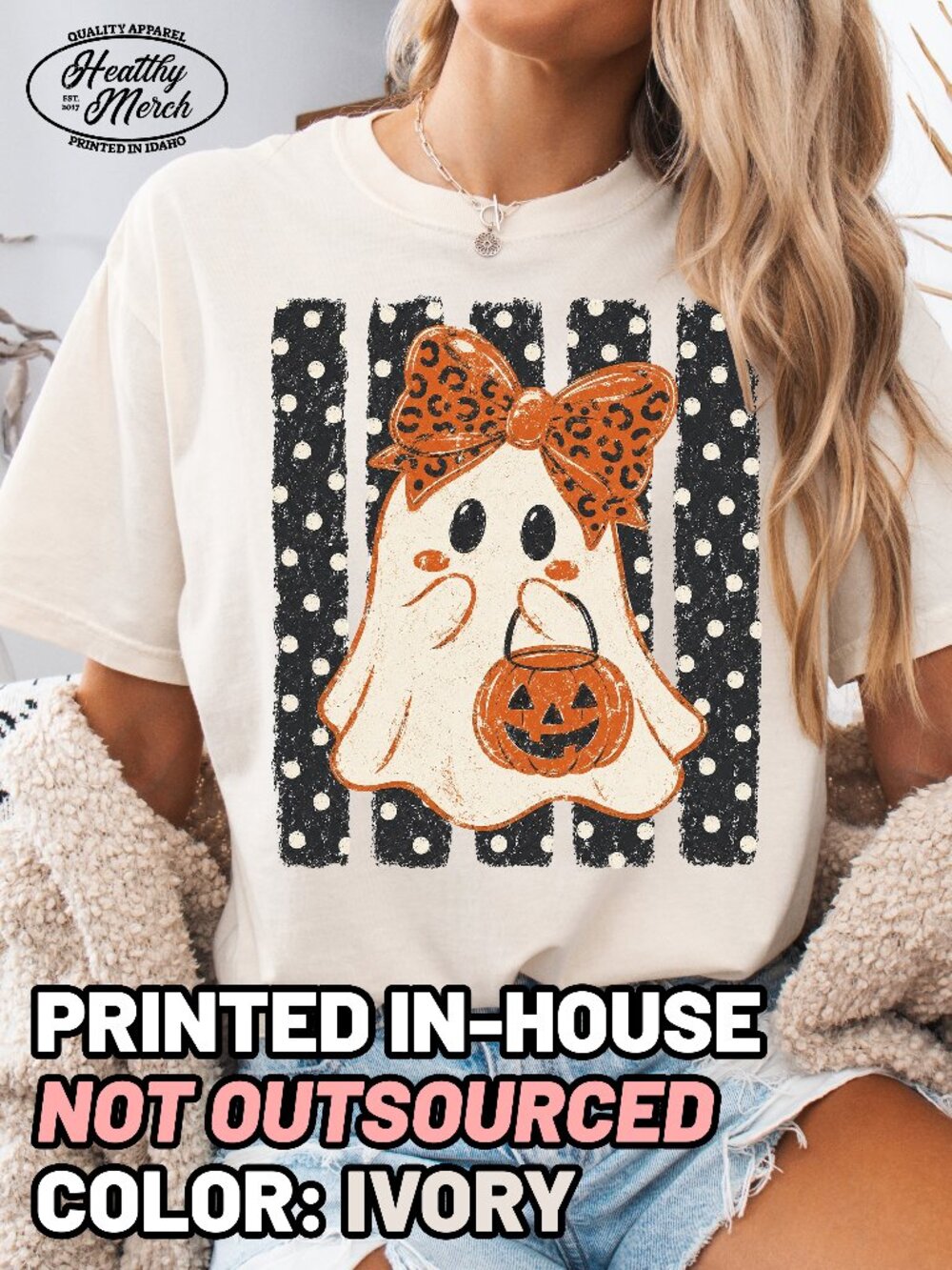 Cute Polka Dot Stripes Ghost Halloween Shirt Comfort Colors